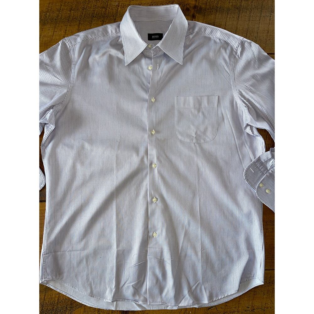 Mens BOSS Hugo Boss White Striped Long Sleeve Button Down Dress‎ Shirt 16 32/33